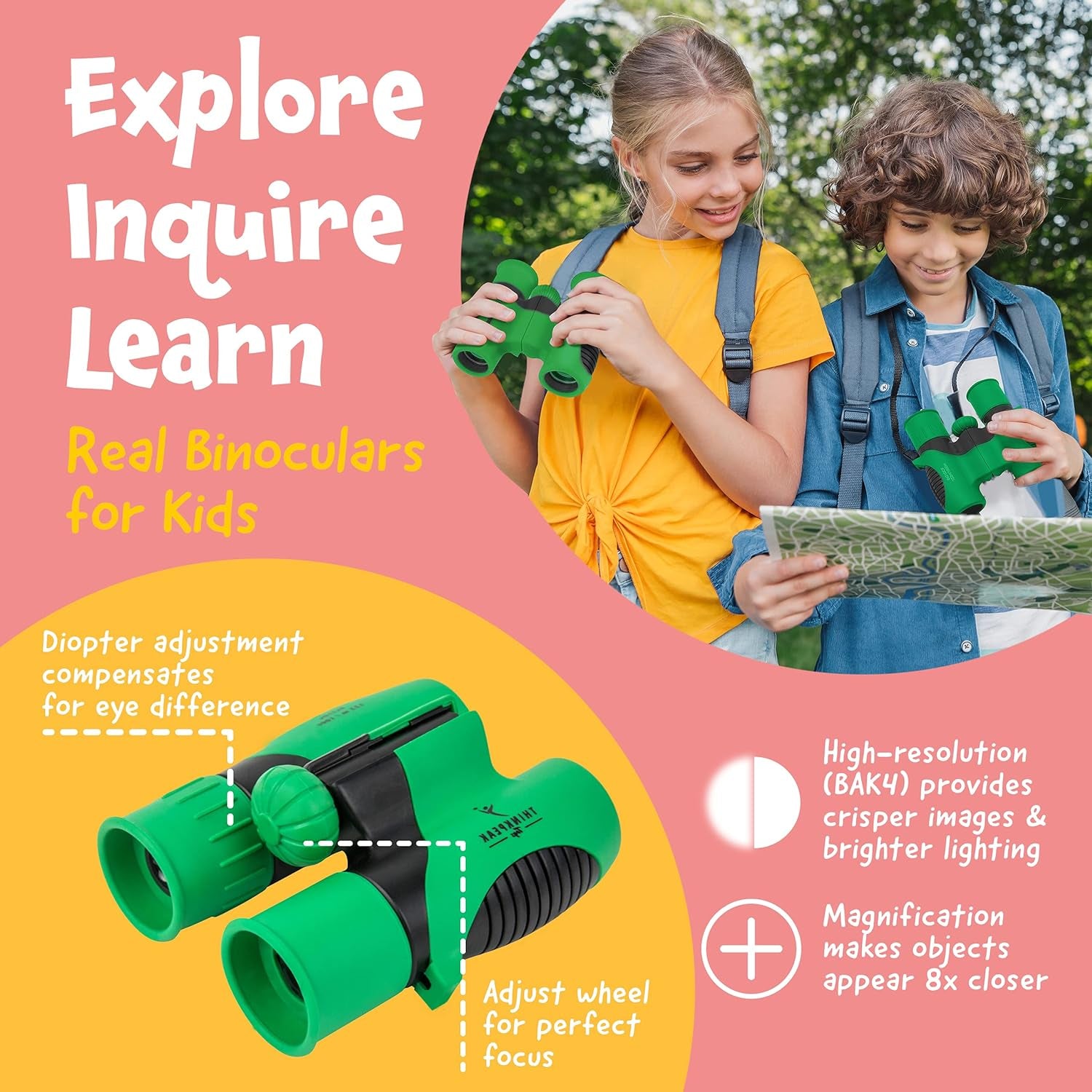 Think Peak - Binoculars for Kids Ages 4-8 - Outdoor Sports - Educational Adventure - 8X21 Compact - Nature Exploration Bird Watching - Green