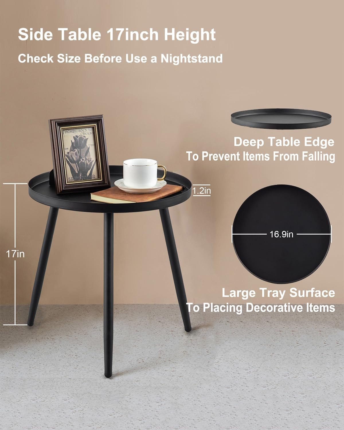 Side Table: End Table for Indoor Use - Small Side Tables for Small Spaces All Matte Black with 3 Legged
